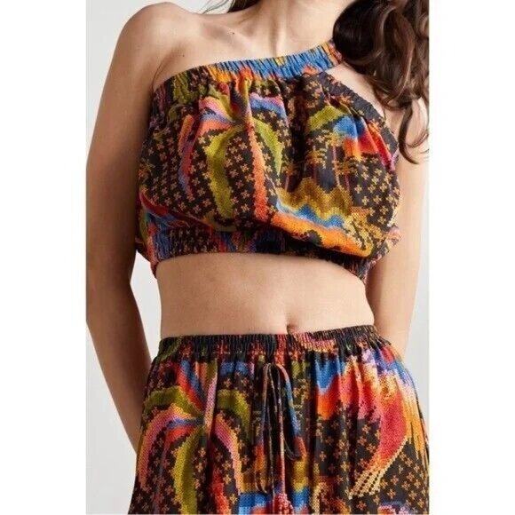 FARM RIO Crop Top S One Shoulder Crop Macaw Island Linen Blend Tropical Summer - Picture 1 of 14